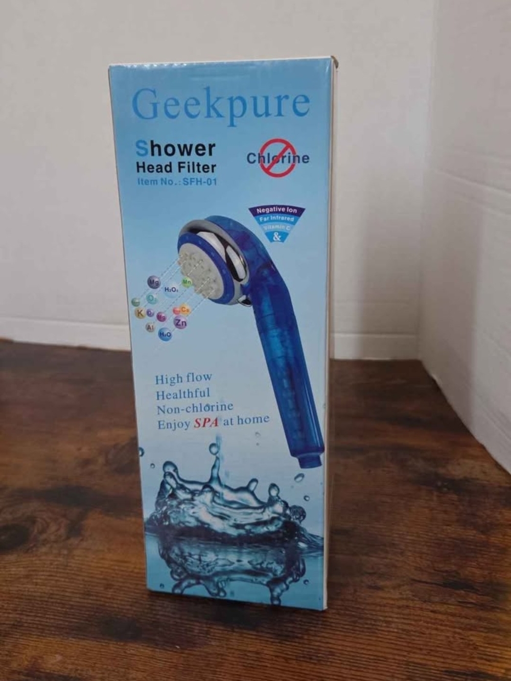 Geekpure Shower Head Filter (Item No. SFH-01), a blue transparent handheld